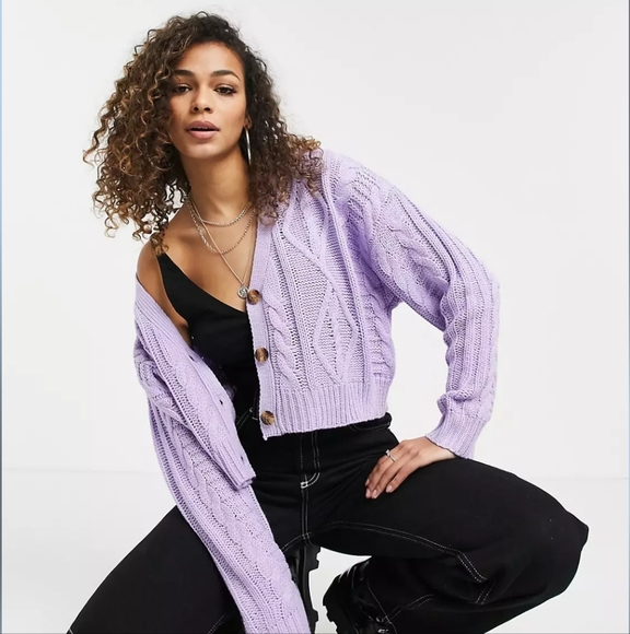 Reclaimed Vintage inspired cropped cable cardigan in lilac - Picture 2 of 7
